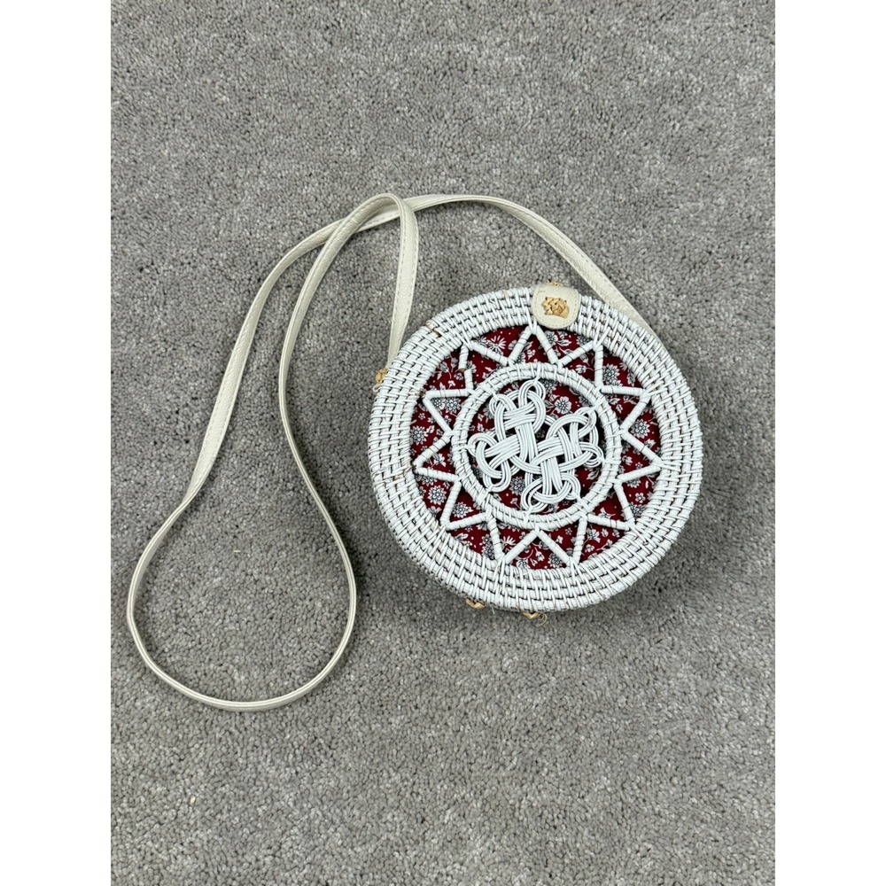 White Woven Rattan Round Crossbody Bag Red Floral Lining Boho Summer Purse